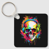 ヘッドフォンカラフルを装着したスカル キーホルダー (正面)