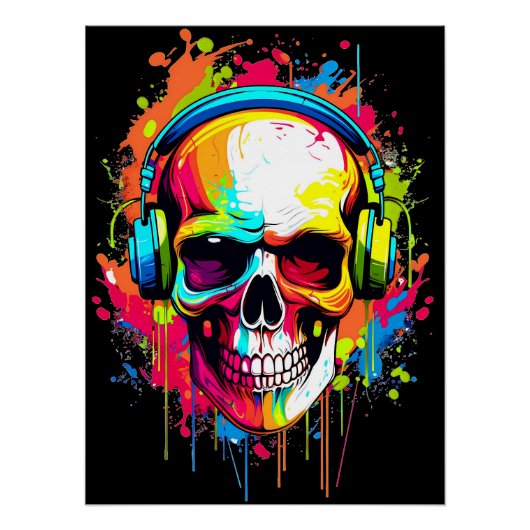 ヘッドフォンカラフルを装着したスカル ポスター (正面)