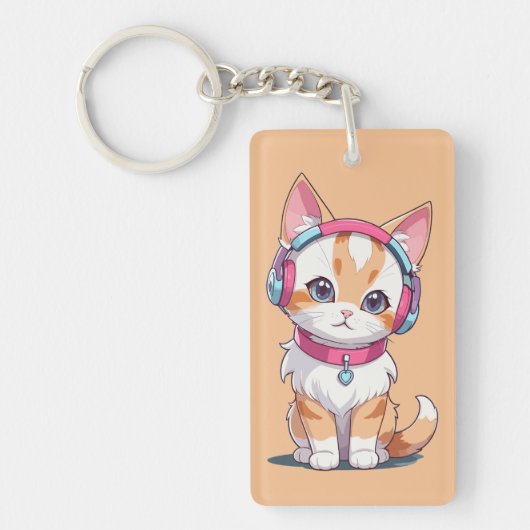 ヘッドフォンシックでかわいい猫 キーホルダー (正面)