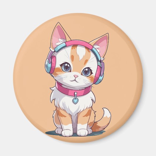 ヘッドフォンシックでかわいい猫 マグネット (正面)