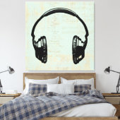 ヘッドフォンミュージックイラストレーションヴィンテージミントグリーン キャンバスプリント (インサイチュ (寝室))