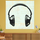 ヘッドフォンミュージックイラストレーションヴィンテージミントグリーン キャンバスプリント (インサイチュ (リビング))