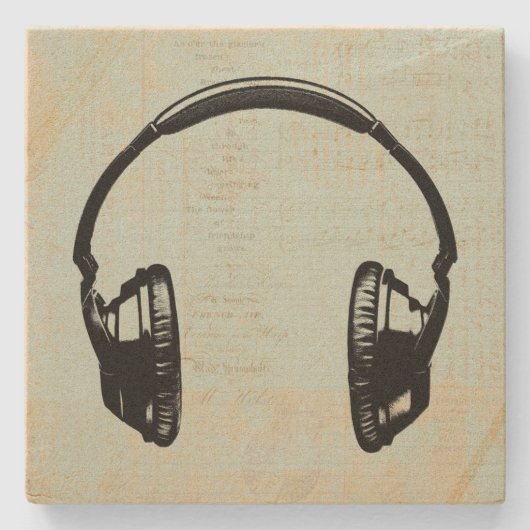 ヘッドフォンミュージックイラストレーションヴィンテージミントグリーン ストーンコースター (正面)