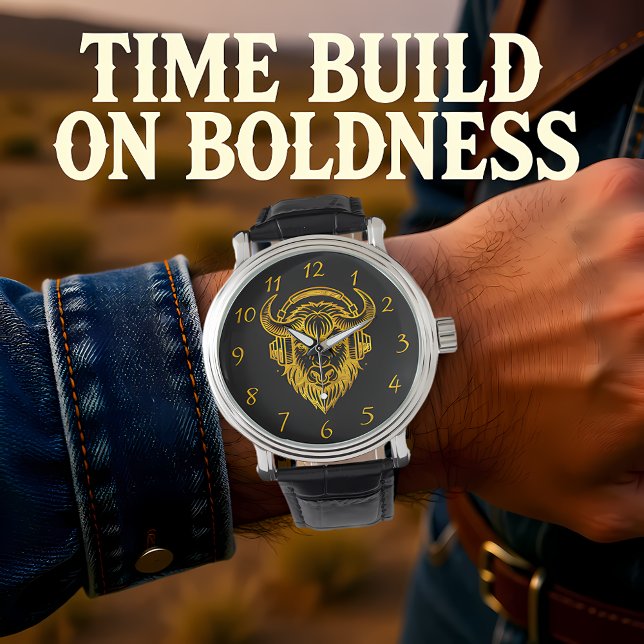 ヘッドフォンユニークを着用したバイソンのデザイン 腕時計 (クリエイターアップロード済み)