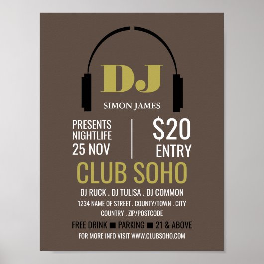 ヘッドフォンロゴ、DJ、クラブイベント広告ズ ポスター (正面)