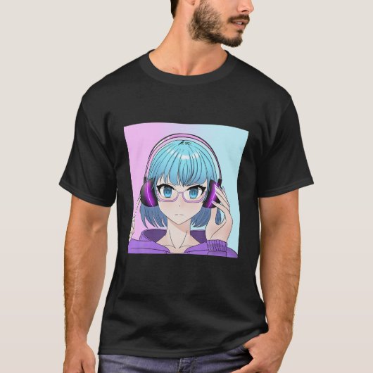 ヘッドフォン付きアニメ少女 Tシャツ (正面)