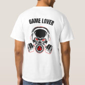 ヘッドフォン付きガスマスクでの積極的なスカル Tシャツ (裏面)