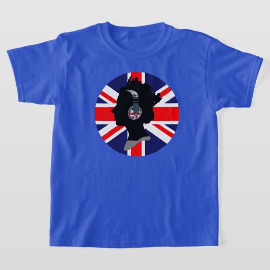 ヘッドフォン付きクイーン及びイギリス国旗デザイン Tシャツ (レイダウン)
