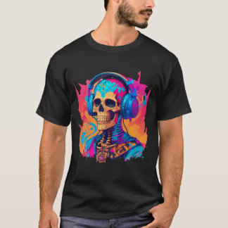 ヘッドフォン付きスケルトンスカルカラフル Tシャツ