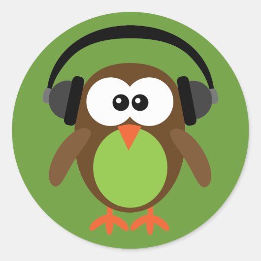 ヘッドフォン付き漫画フクロウ ラウンドシール (正面)