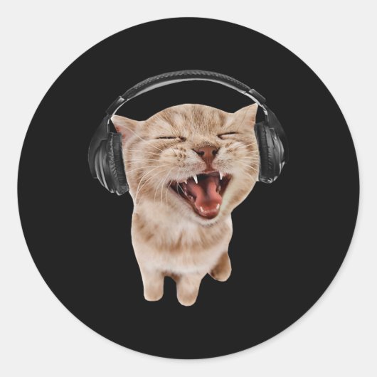 ヘッドフォン付き猫ミーム ラウンドシール (正面)