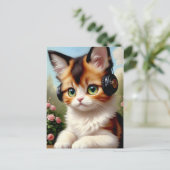 ヘッドフォン付き猫 – 絵画ヴィンテージ。 ポストカード (スタンド正面)