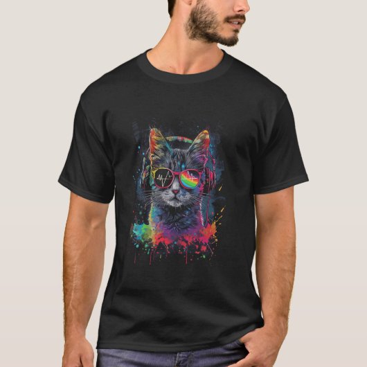 ヘッドフォン付き猫DJ、サングラス子猫3 Tシャツ (正面)