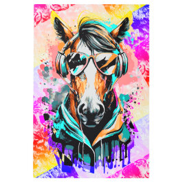 ヘッドフォン付き馬の頭 – カラフル馬 メタルプリント