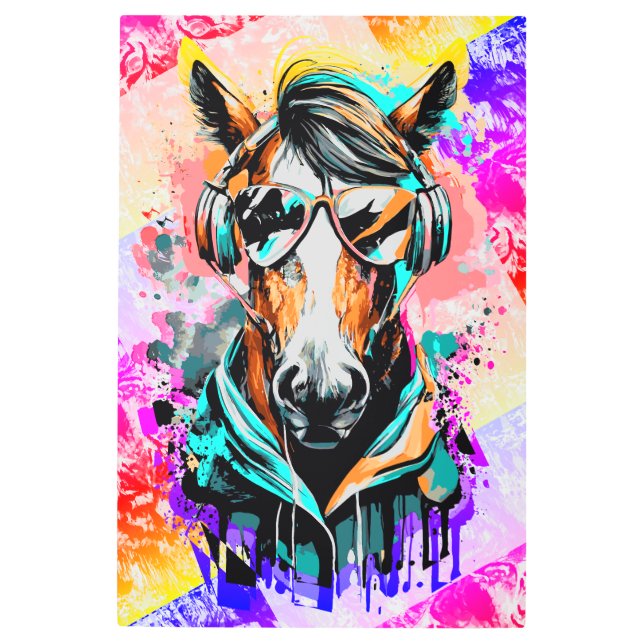 ヘッドフォン付き馬の頭 – カラフル馬 メタルプリント (正面)