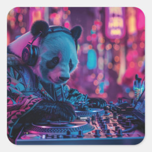 ヘッドフォン付きDJパンダ スクエアシール