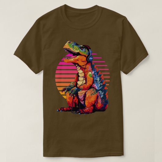 ヘッドフォン付きTrexレトロアート8 Tシャツ (デザイン正面)