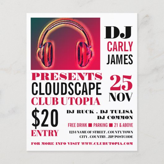 ヘッドフォン、DJ、クラブイベントズ広告フライヤー チラシ (正面)