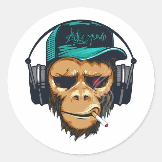 ヘッドフォンdjチンパンジーの音楽ファンヒップスターのサル ラウンドシール (正面)