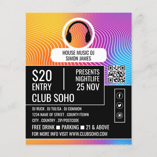 ヘッドフォンMusic Waveロゴ、プロフェッショナルDJ広告 チラシ (正面)