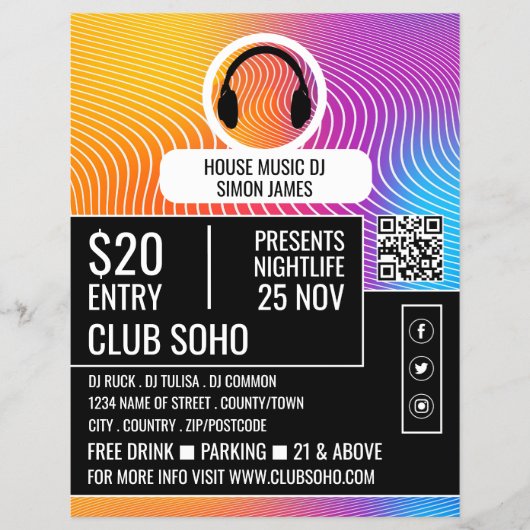 ヘッドフォンMusic Waveロゴ、プロフェッショナルDJ広告 チラシ (正面)