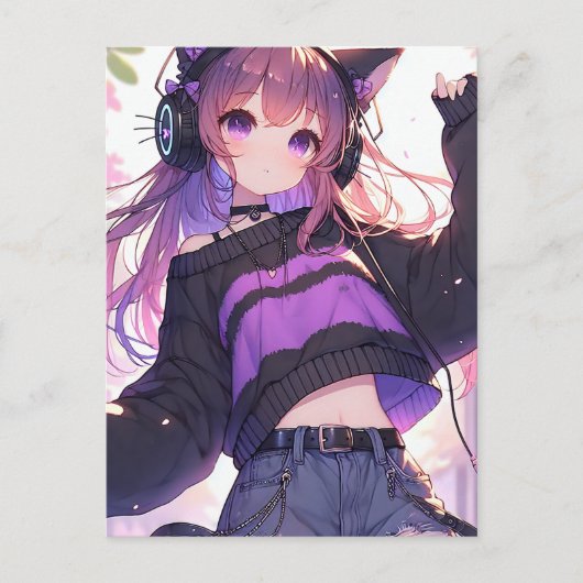 ヘッドホかわいらしンに登場するアニメの女の子バースデーパーティー ポストカード (正面)