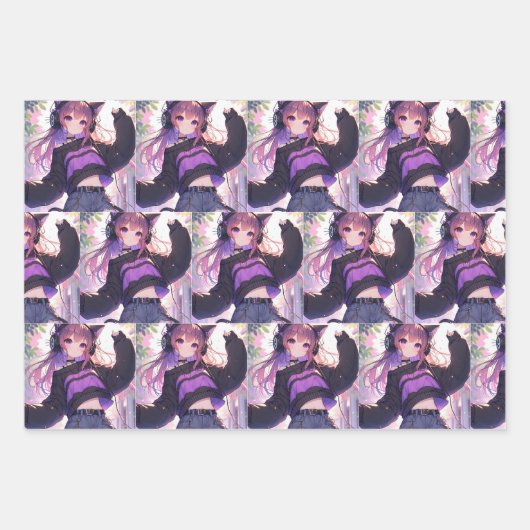 ヘッドホかわいらしンに登場するアニメの少女誕生日 ラッピングペーパーシート (正面3)