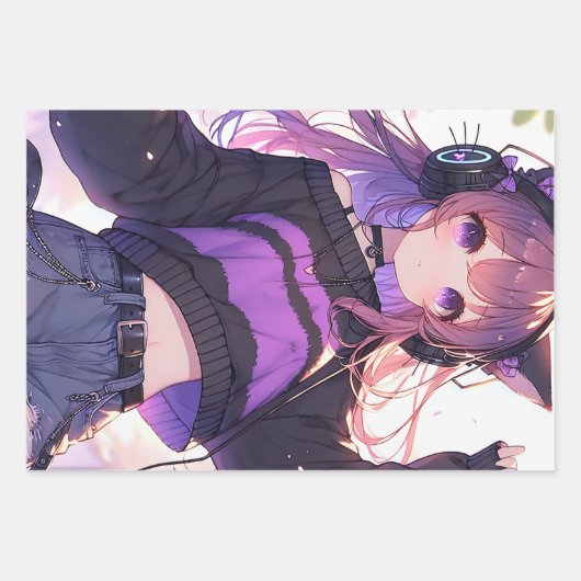 ヘッドホかわいらしンに登場するアニメの少女誕生日 ラッピングペーパーシート (正面)