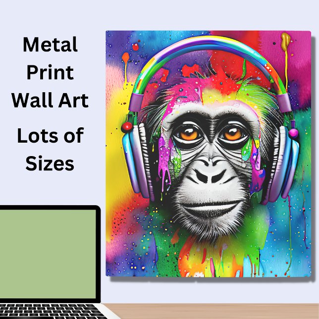 ヘッドホカラフルン付きサル メタルプリント (クリエイターアップロード済み)