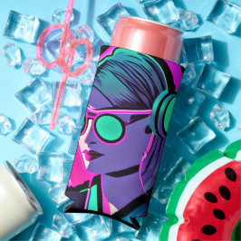 ヘッドホパーソナライズされたンティール（緑がかった色）とピンクの女性 スリム缶クーラー