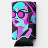 ヘッドホパーソナライズされたンティール（緑がかった色）とピンクの女性 スリム缶クーラー (裏面)