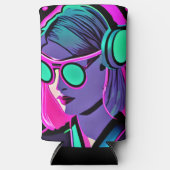 ヘッドホパーソナライズされたンティール（緑がかった色）とピンクの女性 スリム缶クーラー (正面)