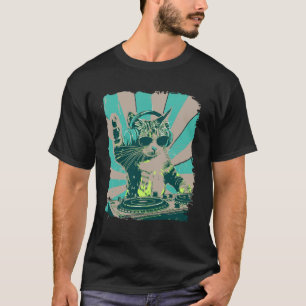 ヘッドホンとサングラスをかけた猫のレトロアート Tシャツ