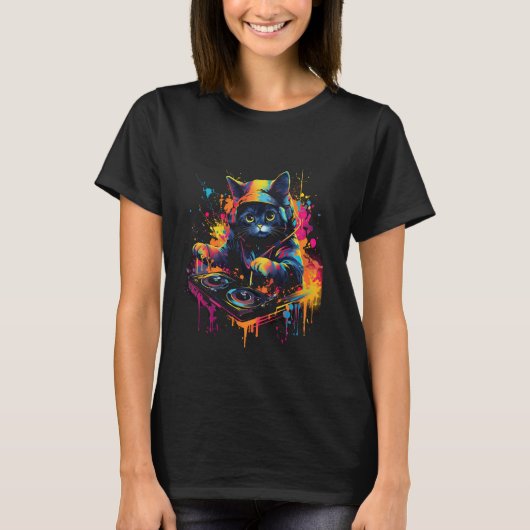 ヘッドホンとサングラスをかけたDJ猫 ディスコ猫 Tシャツ (正面)