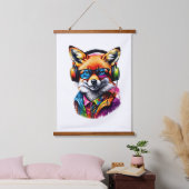 ヘッドホンと眼鏡を掛けた狐 吊り下げ型タペストリー (寝室)