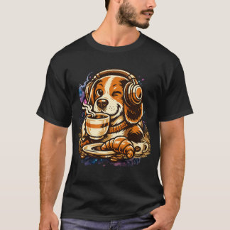 ヘッドホンをつけたかわいいビーグル コーヒーの朝の雰囲気 Tシャツ