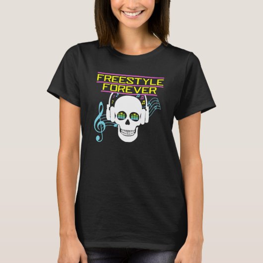 ヘッドホンをつけたドクロが80年代の音楽に没頭 Tシャツ (正面)