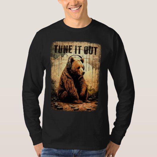 ヘッドホンをつけたブラウン・ベア クマの音楽 Tシャツ (正面)