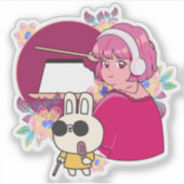 ヘッドホンをつけた漫画風の女の子とうさぎ シール (正面)