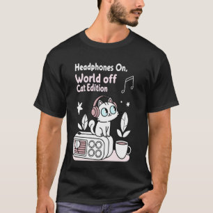 ヘッドホンをつけて世界を忘れる かわいい猫 音楽好きの猫 Tシャツ