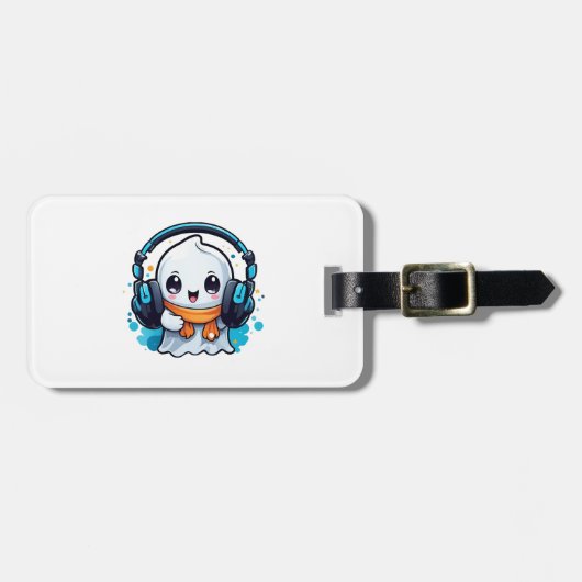 ヘッドホンを付けたかわいいおばけ ラゲッジタグ (正面横)
