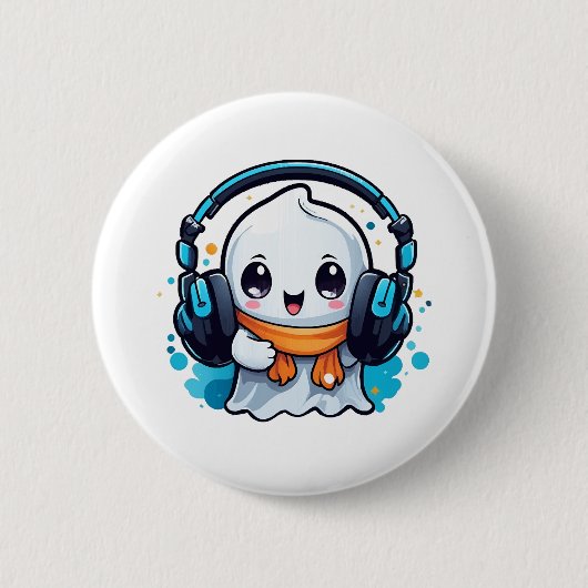 ヘッドホンを付けたかわいいおばけ 缶バッジ (正面)