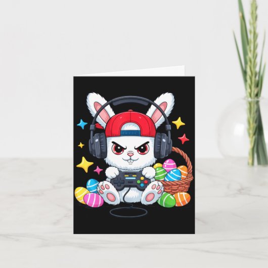 ヘッドホンを付けたかわいいウサギのゲームイースター カード (正面)