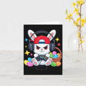 ヘッドホンを付けたかわいいウサギのゲームイースター カード (黄色い花)