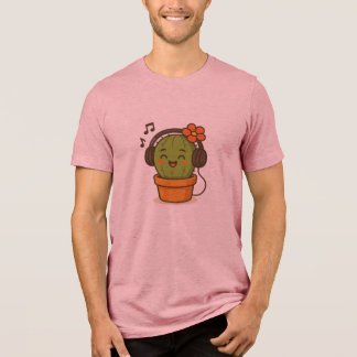 ヘッドホンを付けたかわいいサボテンの歌唱デザイン トライブレンドTシャツ