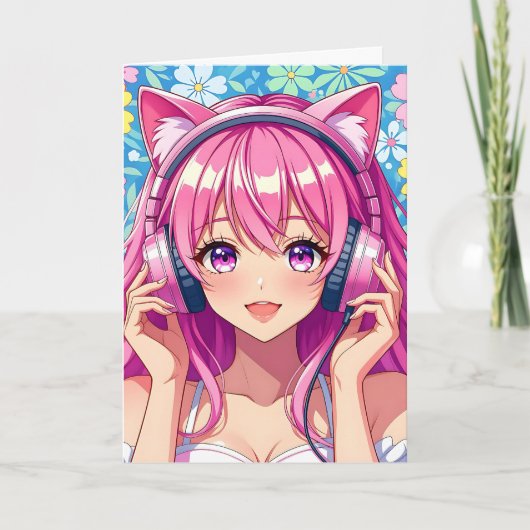 ヘッドホンを付けたかわいいピンクのアニメの女の子の誕生日 カード (正面)
