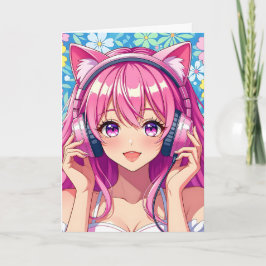 ヘッドホンを付けたかわいいピンクのアニメの女の子の誕生日 カード