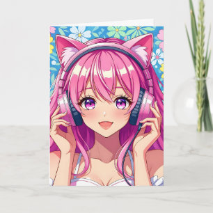 ヘッドホンを付けたかわいいピンクのアニメの女の子の誕生日 カード