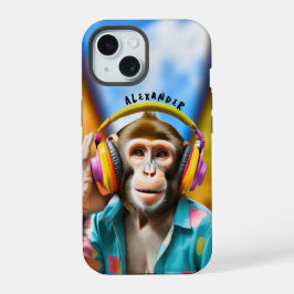 ヘッドホンを付けたクールなサル iPhone 15ケース