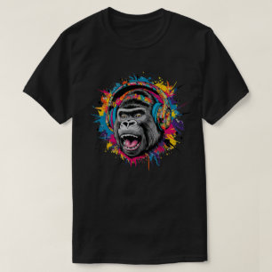 ヘッドホンを付けたゴリラのスプラッシュアート Tシャツ